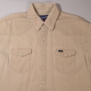 Vintage Wrangler Pearl Snap Distressed Heavy Motorcycle Work Shirt Beige XL